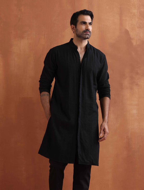 trueBrowns Men's Black Textured Cotton Dobby Front Open Kurta