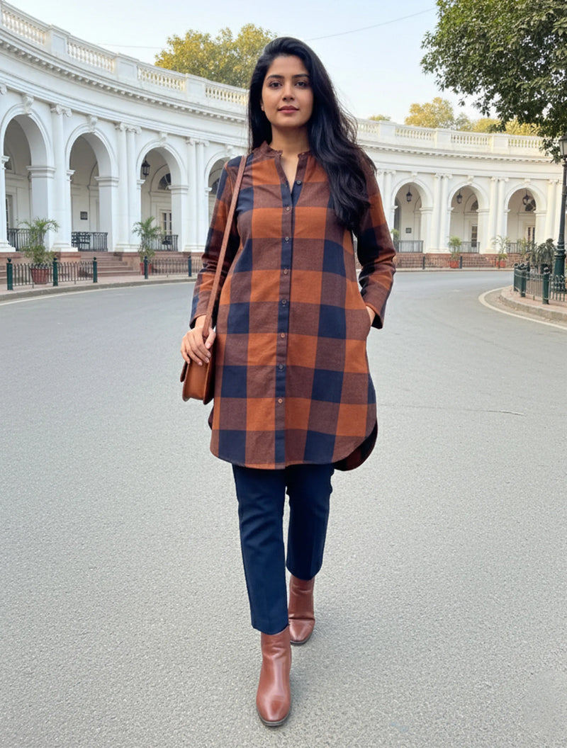 trueBrowns Brown Check Shirt Kurta