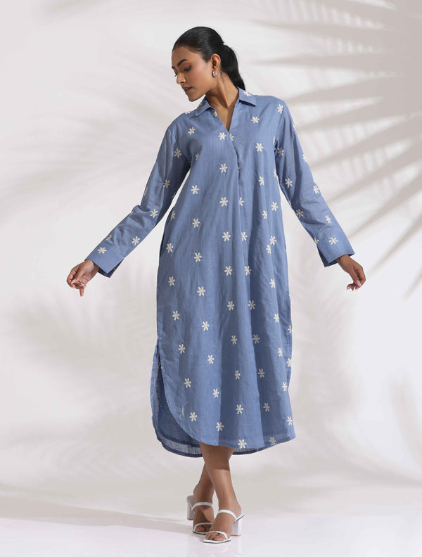 trueBrowns Blue Cotton Floral Embroidered Dress