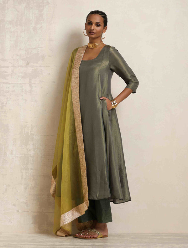 trueBrowns Grey Tissue Anarkali Kurta Dupatta Set (Copy)