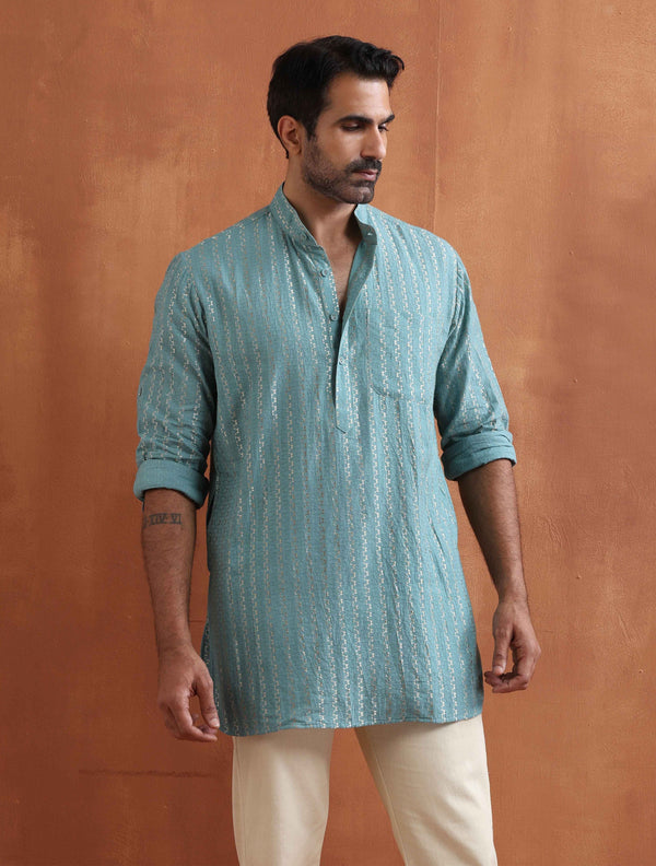 trueBrowns Men's Green Cotton Dobby Short Kurta