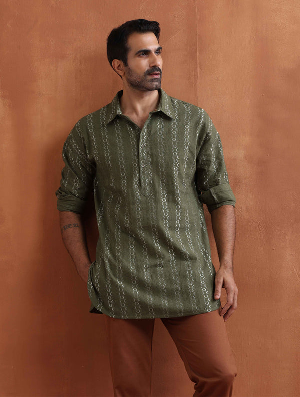 trueBrowns Men's Olive Green Cotton Dobby Short Kurta