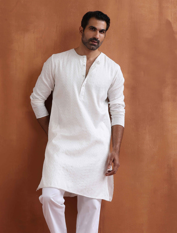 trueBrowns Men's Ivory Sequin Chanderi Kurta