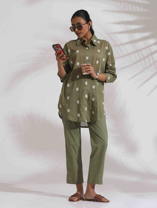trueBrowns Olive Green Cotton Floral Embroidered Co-ord Set