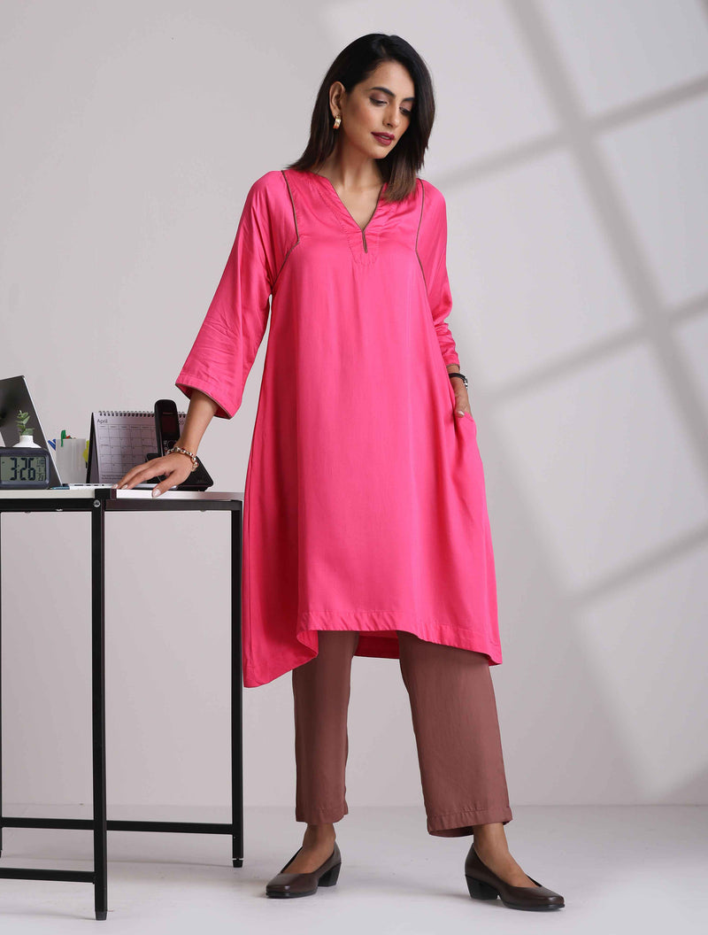 trueBrowns Pink Modal Kimono Kurta Set