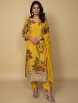trueBrowns Mustard Floral Print Straight Kurta Pant Dupatta Set