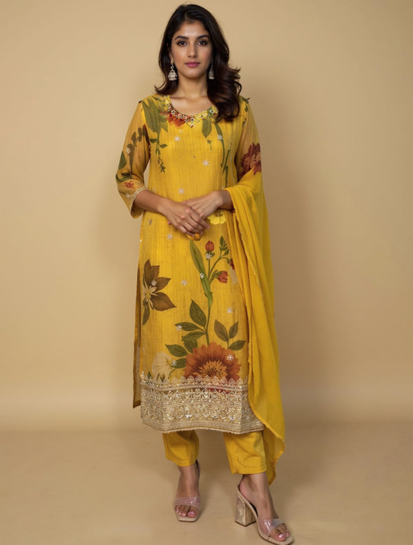 trueBrowns Mustard Floral Print Straight Kurta Pant Dupatta Set
