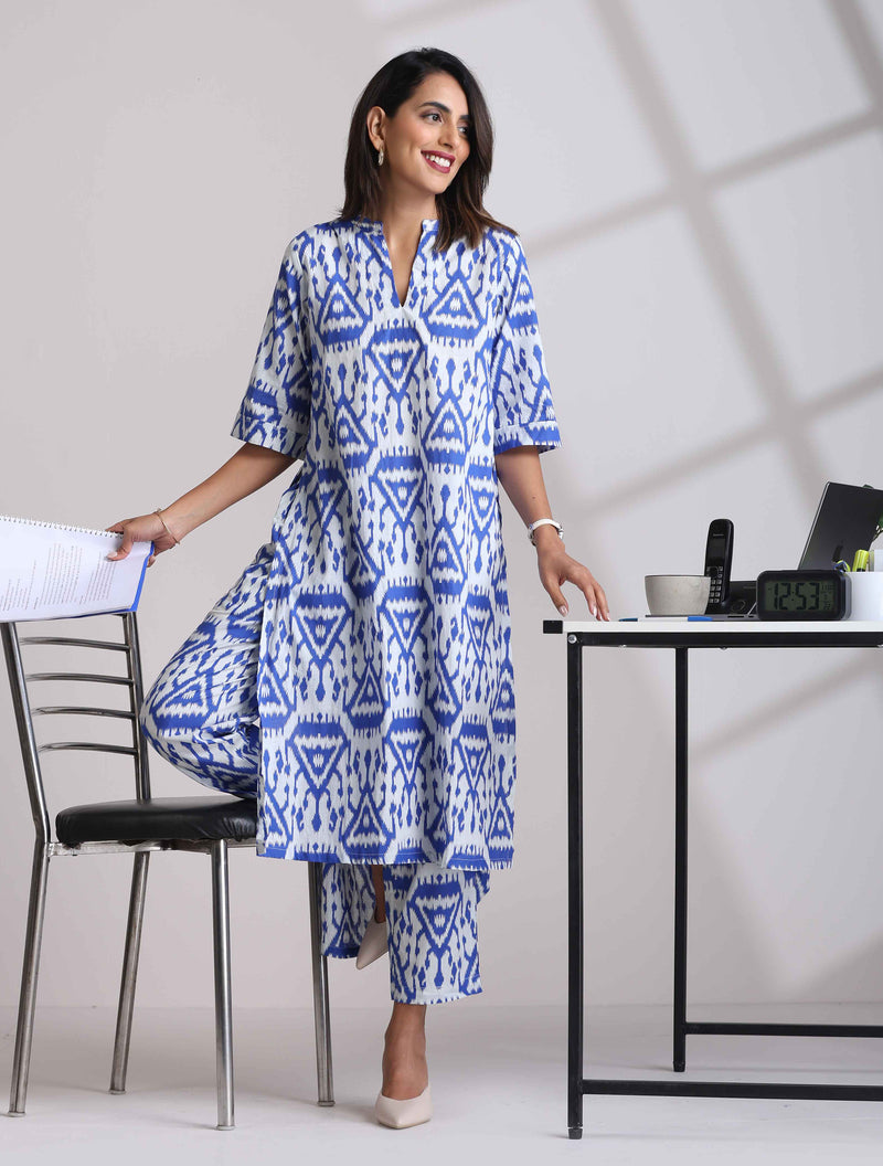 trueBrowns Blue Cotton Ikat High-Low Kurta Pant Set