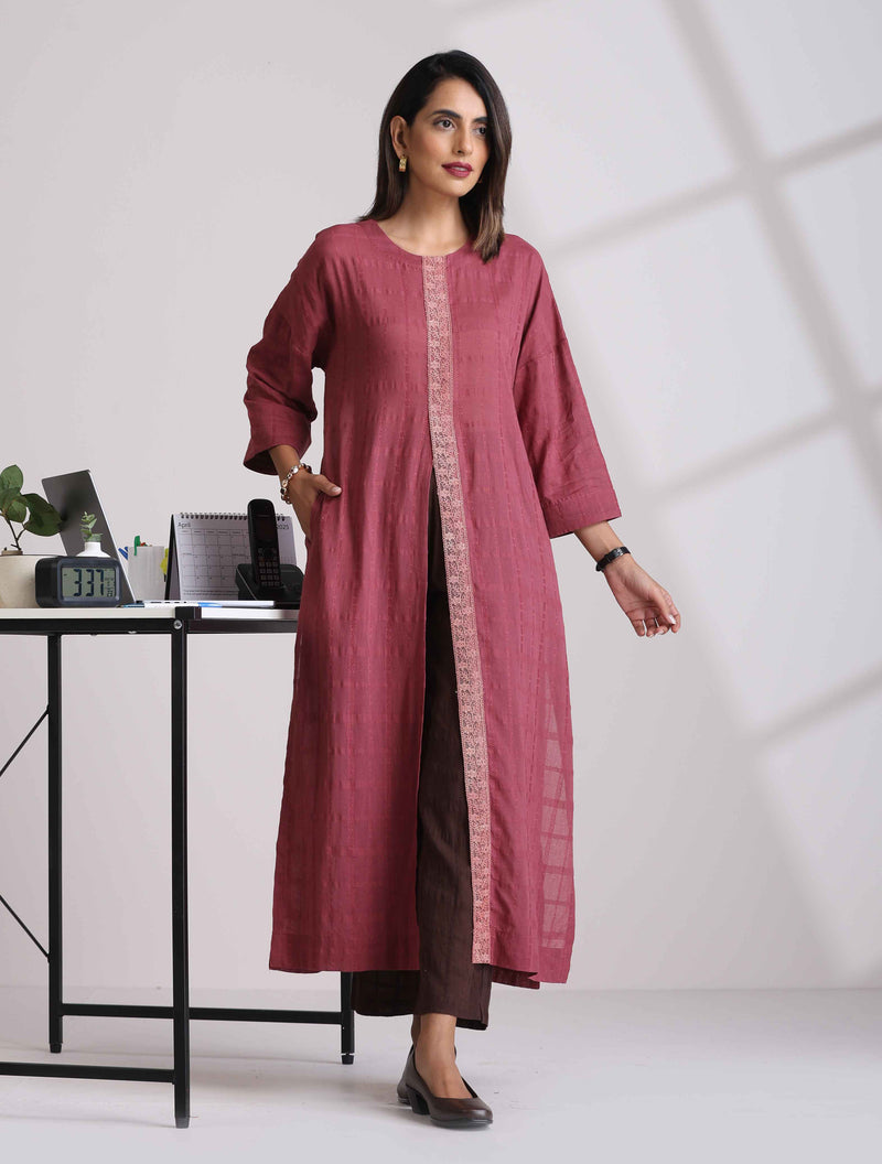 trueBrowns Mauve Cotton Dobby Front Slit Kurta Set