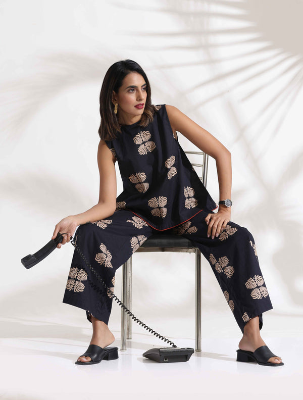 trueBrowns Black Cotton Print Top & Flared Pants Co-ord Set