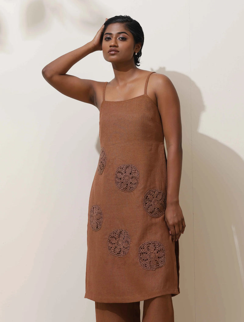 trueBrowns Kora Brown Crochet Natural Cotton Kurta Co-ord Set