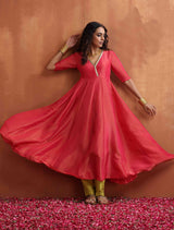 trueBrowns Hot Pink Tissue Flared Anarkali Kurta Set