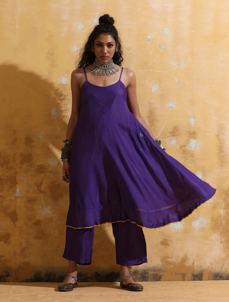 trueBrowns Purple Muslin Silk Flared Kurta Pant Set