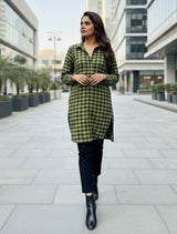 trueBrowns Green Black Check Short Kurta
