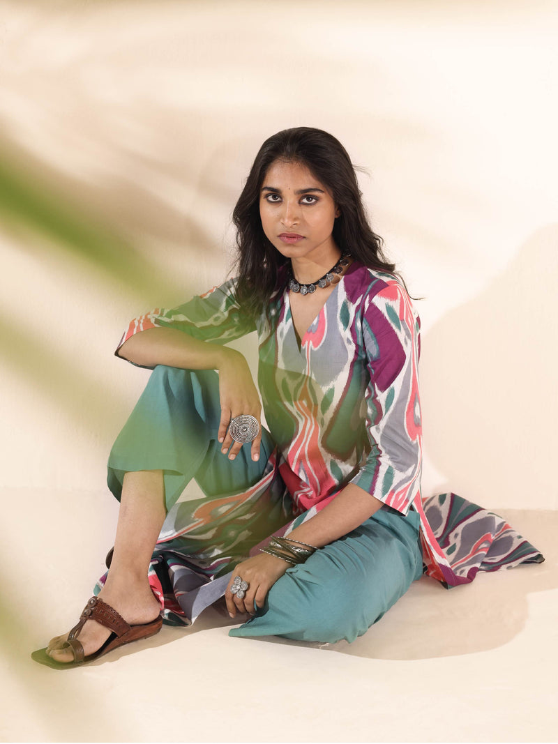 trueBrowns Green Cotton Ikat Kurta Pant Set