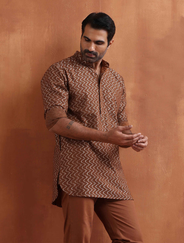 trueBrowns Men's Brown Cotton Dobby Short Kurta