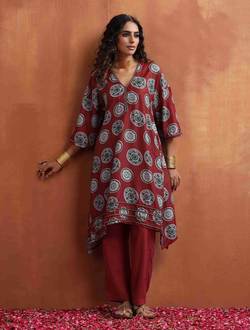 trueBrowns Maroon Print A-line Kurta Co-ord Set