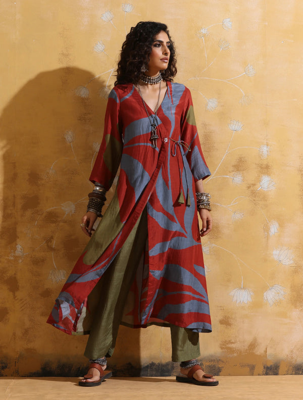 trueBrowns Rust Red Green Floral Print Muslin Silk Angrakha Kurta Set