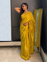 trueBrowns Lime Foil Print Saree With Unstitched Blouse