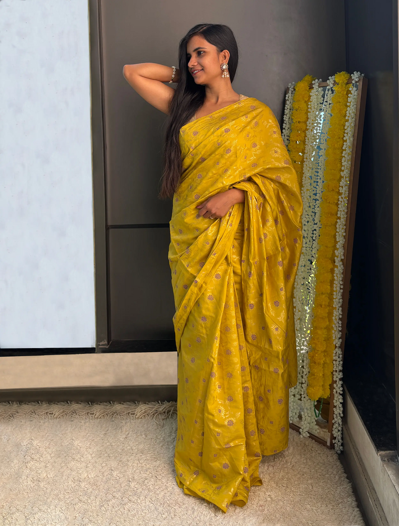 trueBrowns Lime Foil Print Saree With Unstitched Blouse