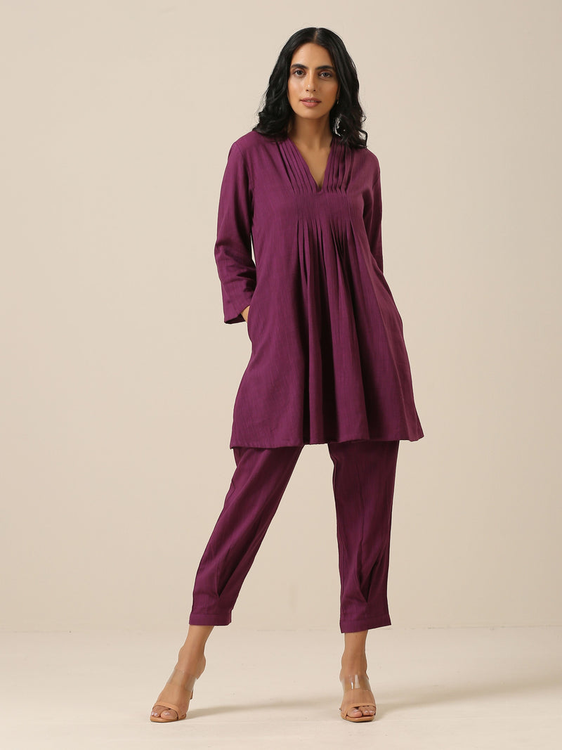 Plum Purple Slub Texture Pleated Co-Ord Set