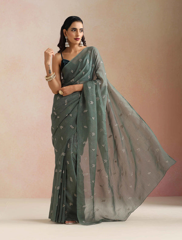 trueBrowns Turquoise All Over Embroidered Saree With Unstitched Blouse