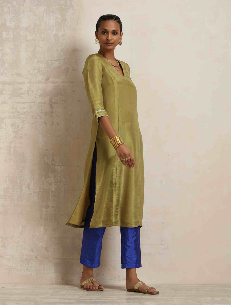 trueBrowns Green Tissue Straight Kurta Set