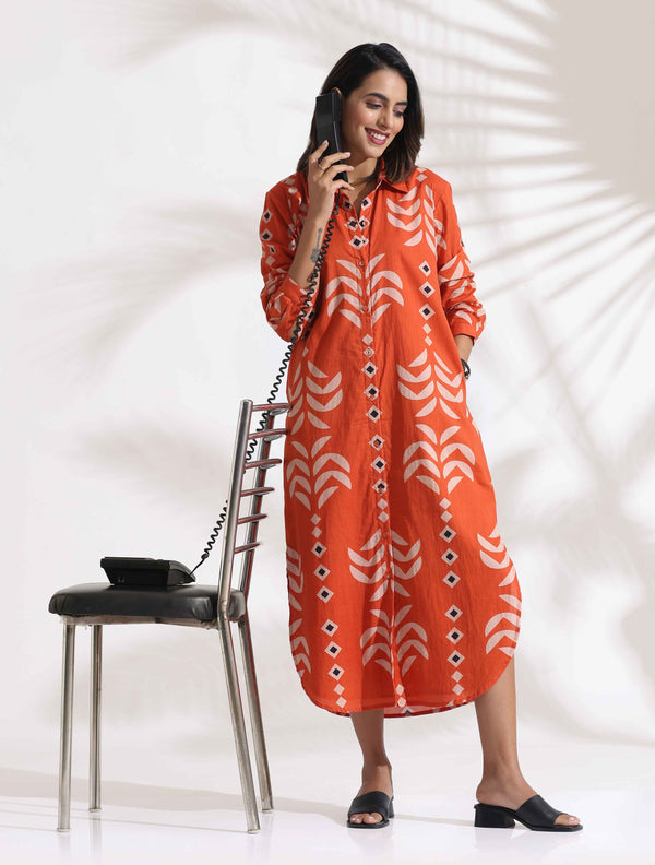 trueBrowns Orange Cotton Print Shirt Dress