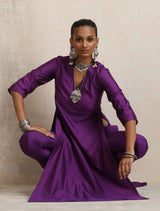 trueBrowns Purple Silk High Slit Kurta Set