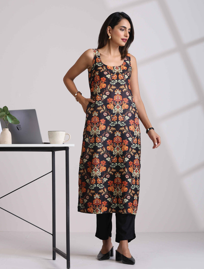 trueBrowns Black Print Straight Kurta Set