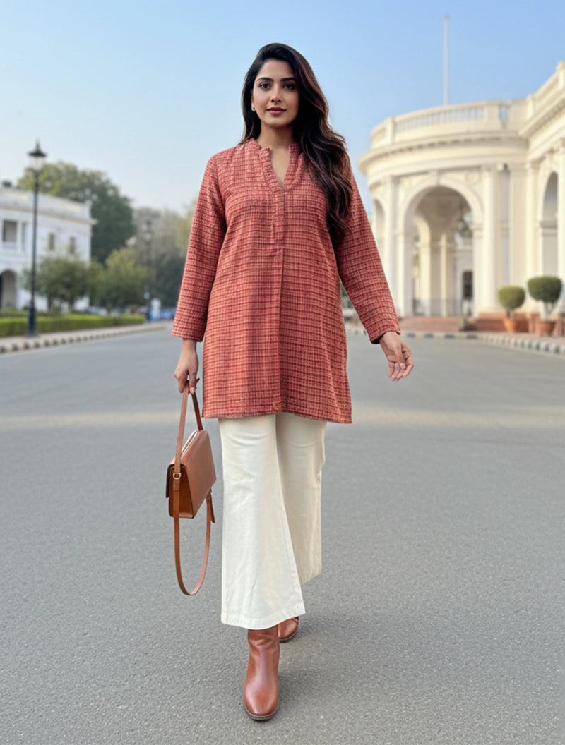 trueBrowns Maroon Check Round V-Neck Top