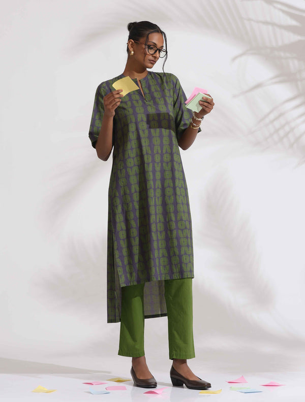 trueBrowns Grey Cotton Print Highlow Kurta Set