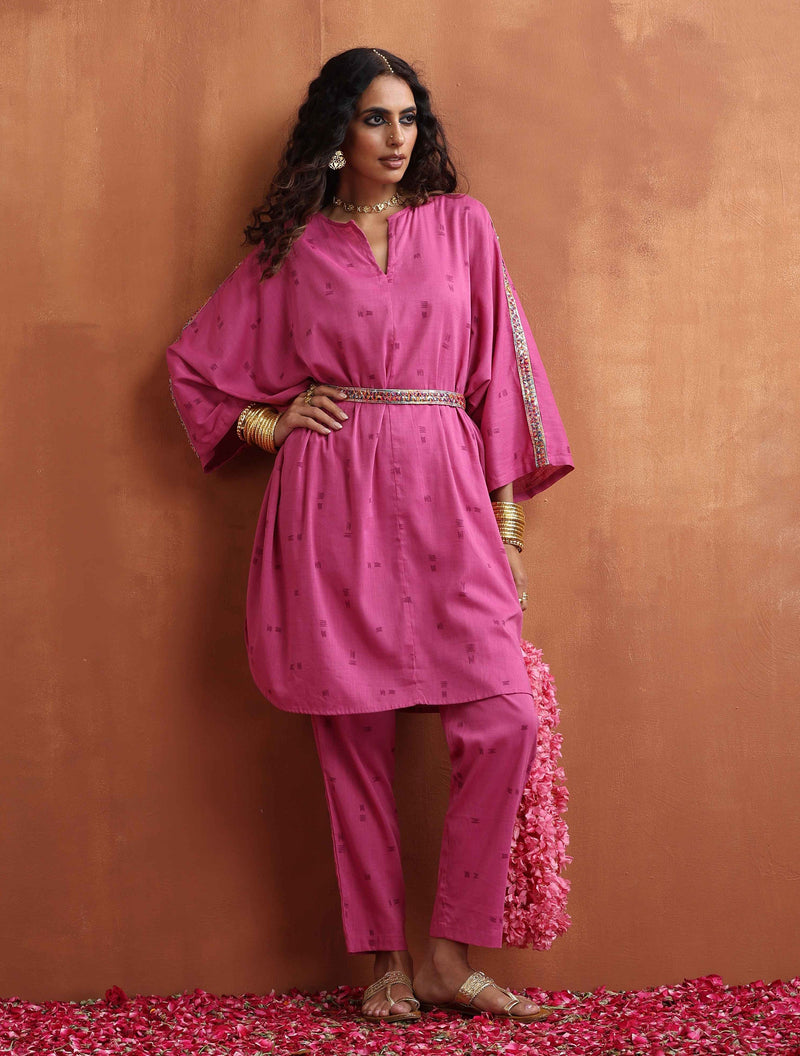 trueBrowns Pink Print Kaftan Kurta Co-ord Set