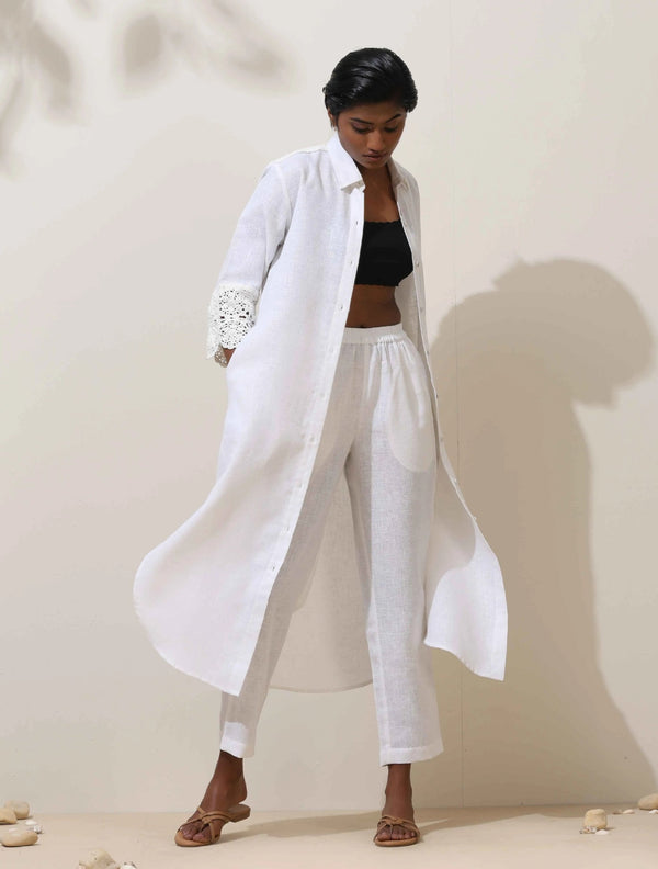 trueBrowns Luna White Crochet Natural Cotton Kurta Pant Set