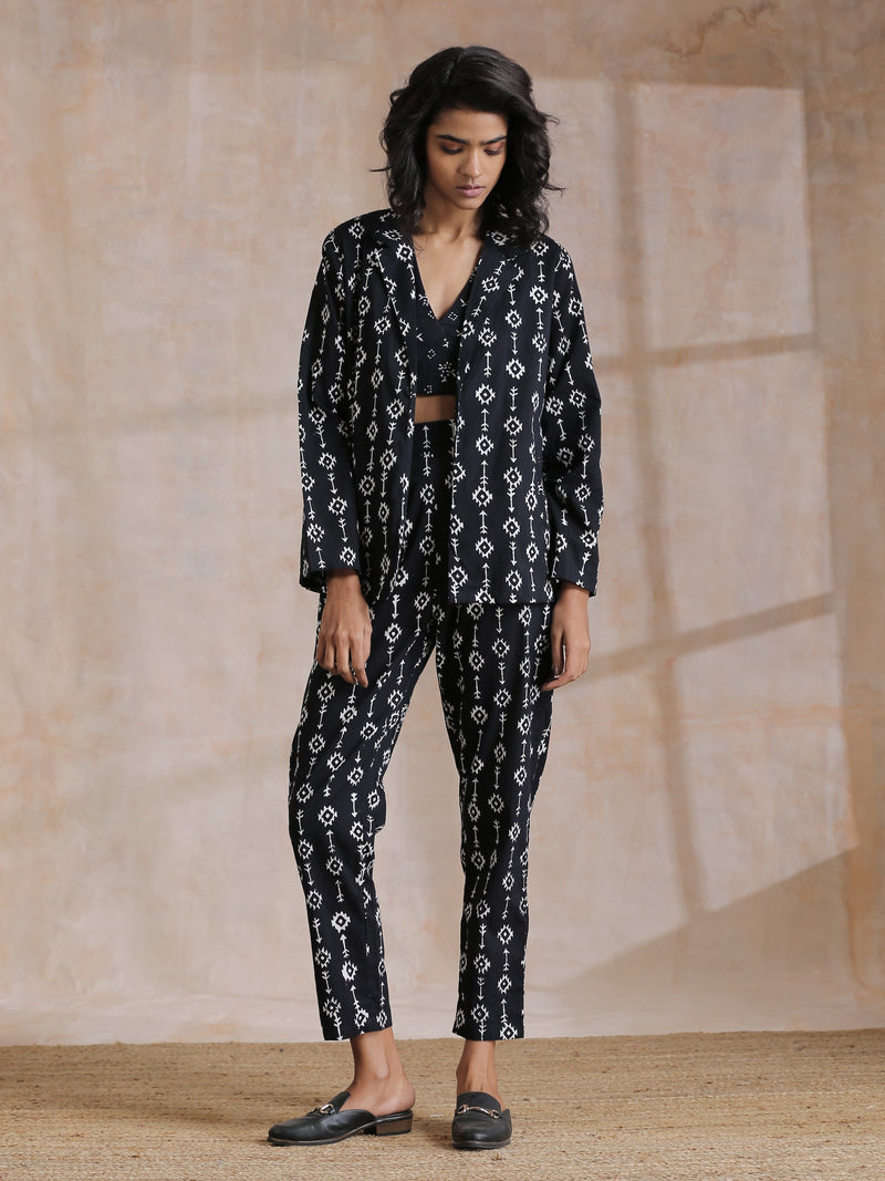 Black White Geometric Print Cotton Pant Suit Set