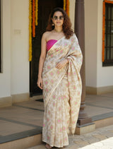 trueBrowns Beige Foil Print Saree With Unstitched Blouse