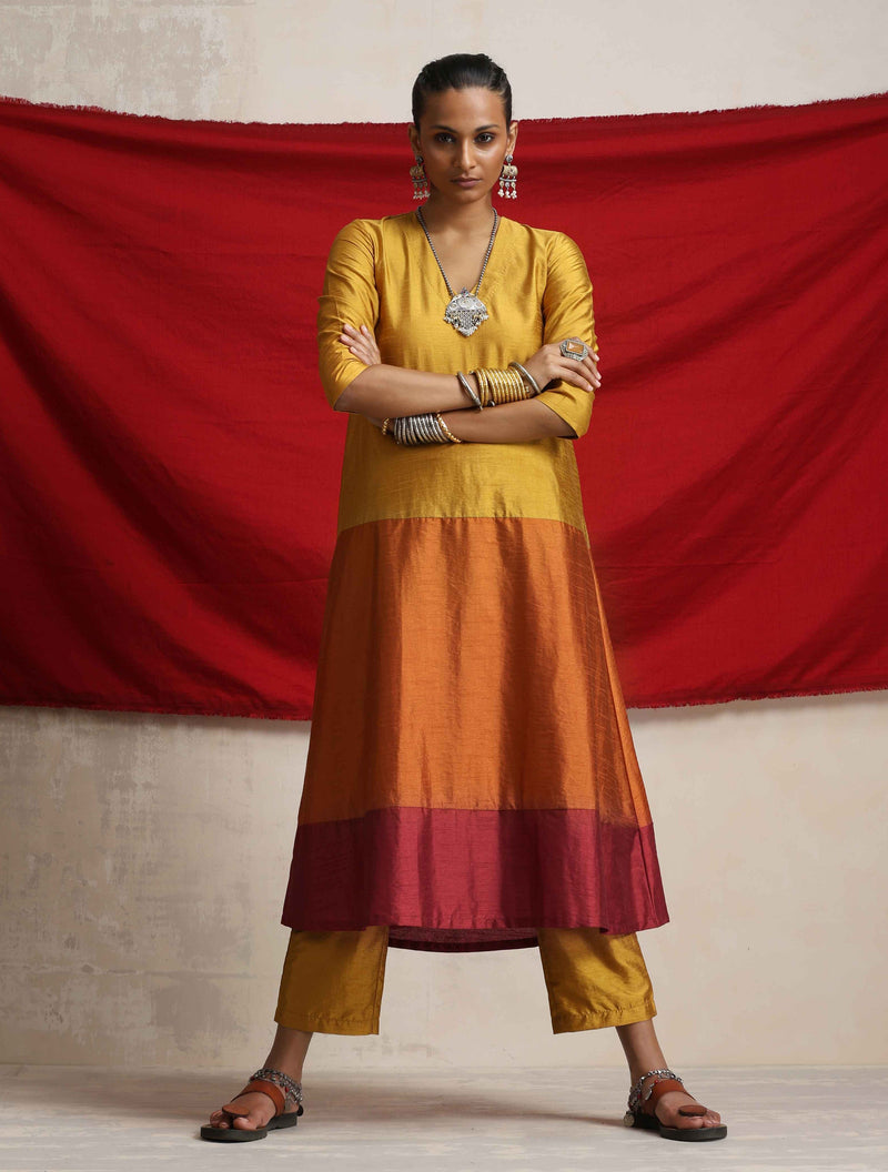 trueBrowns Gold Orange Silk A-line Kurta Set