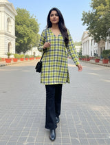trueBrowns Lime Check High Slit Kurta