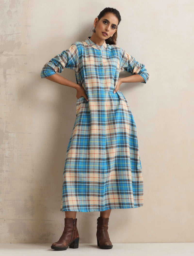 trueBrowns Beige Check Flared Winter Dress