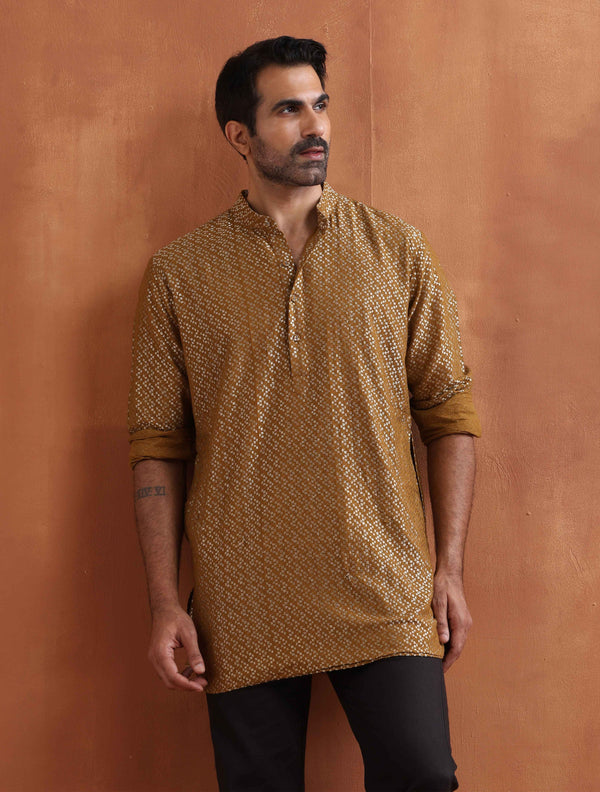 trueBrowns Men's Mustard Cotton Dobby Short Kurta