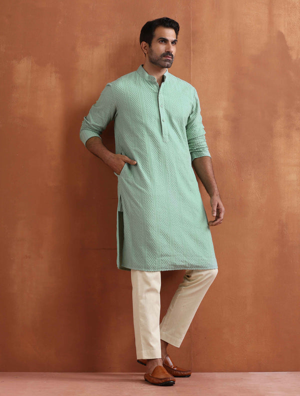 trueBrowns Men's Green Cotton Dobby Kurta