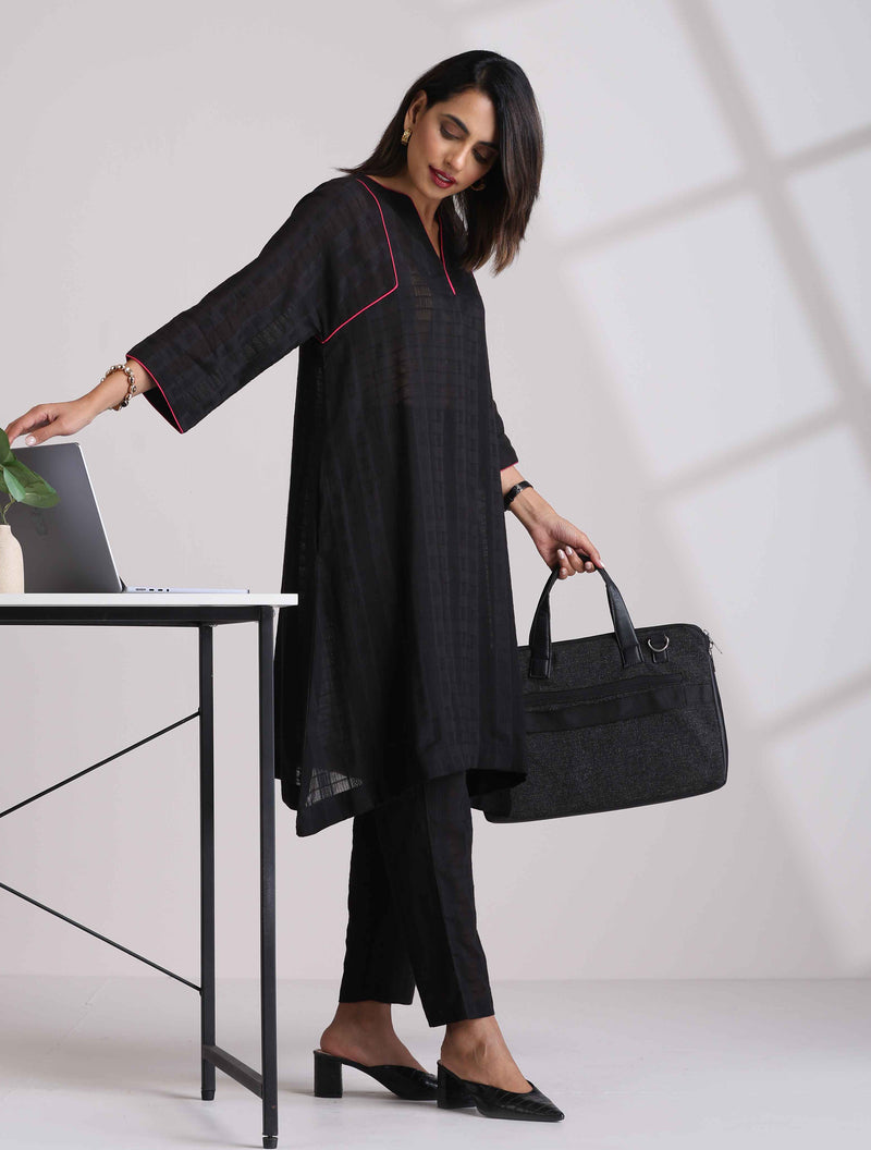 trueBrowns Black Cotton Dobby Kurta Co-ord set