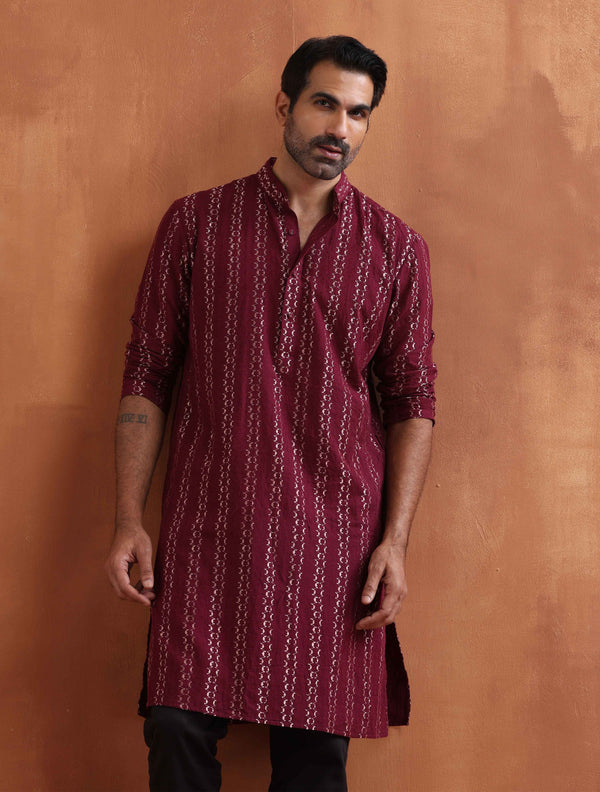 trueBrowns Men's Dark Purple Cotton Dobby Kurta