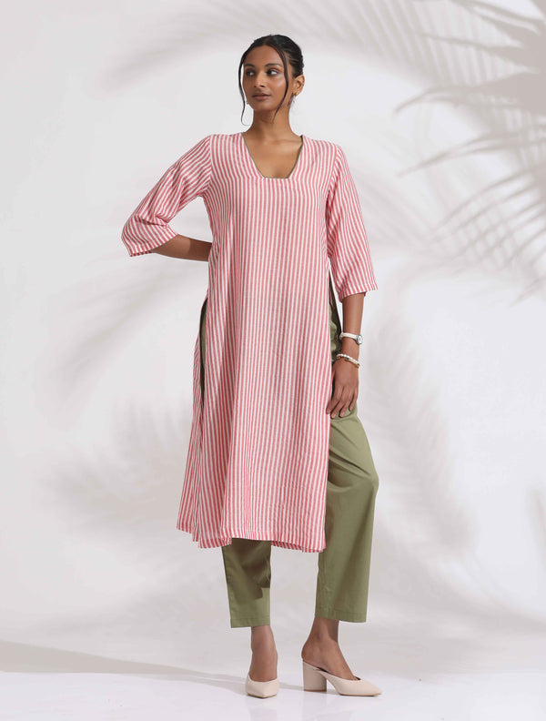 trueBrowns Red Cotton Stripe Straight Kurta Set