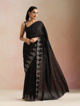 trueBrowns Black All Over Zari Embroidered Saree With Unstitched Blouse