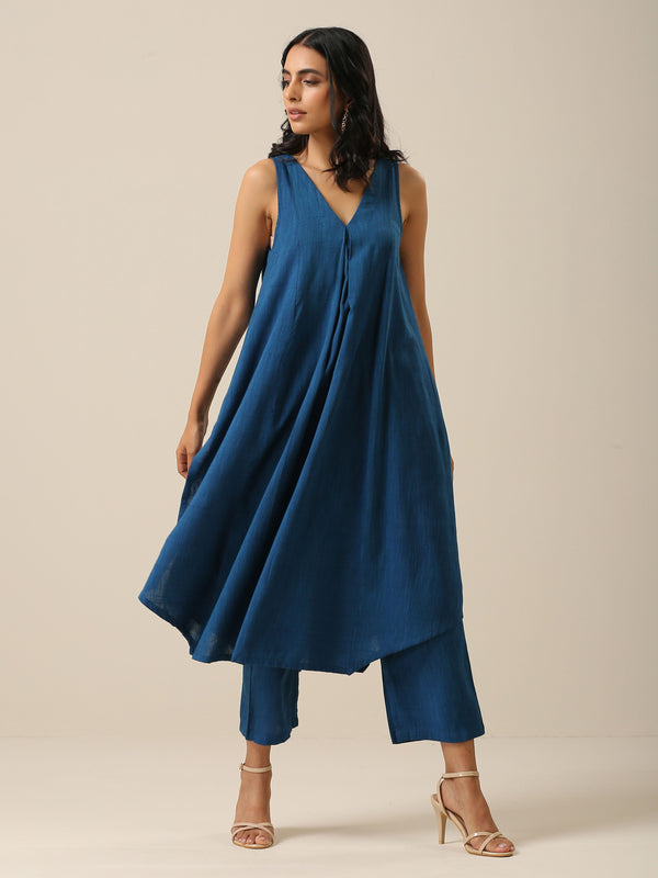 Classic Blue Slub Texture Sleeveless Flared Kurta Pant Set