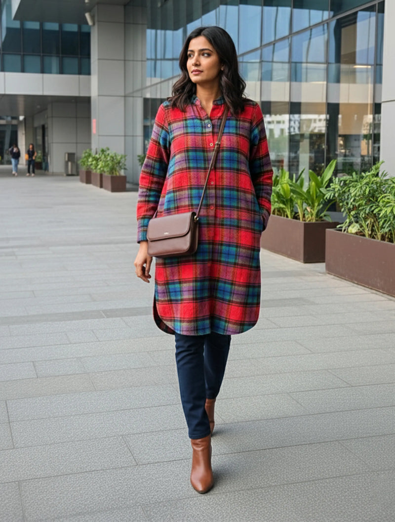 trueBrowns Red Check Shirt Kurta