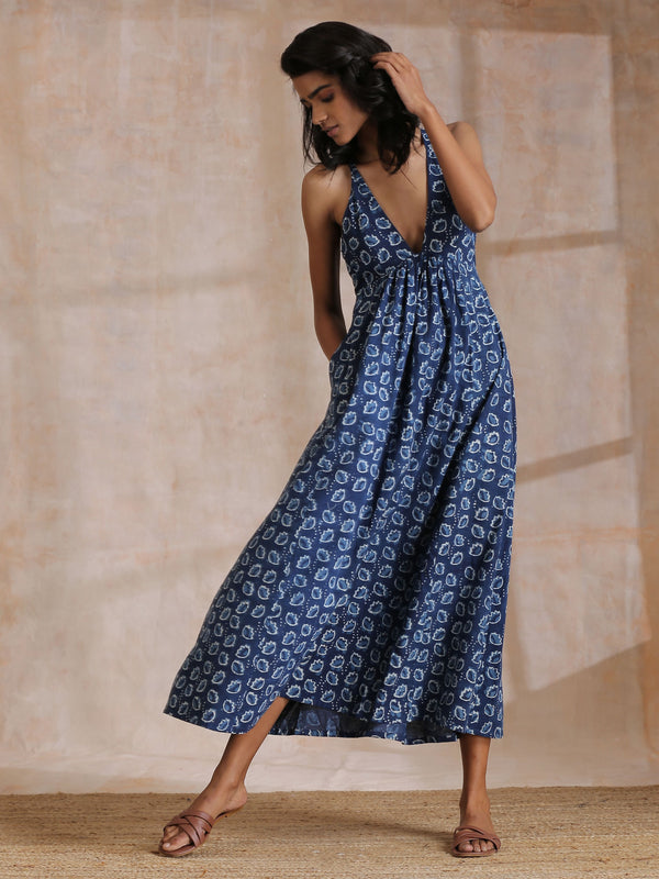 Indigo Dabu Floral Print Cotton Sleeveless Dress