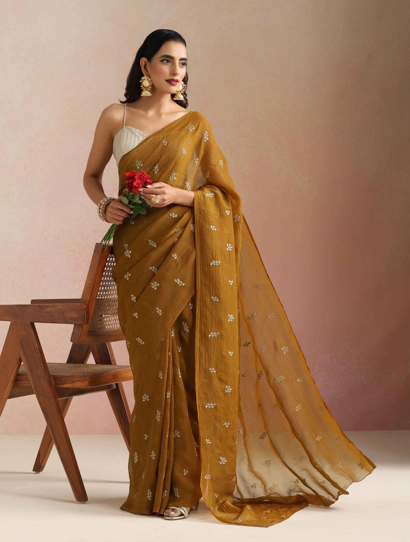 trueBrowns Bronze All Over Embroidered Saree With Unstitched Blouse