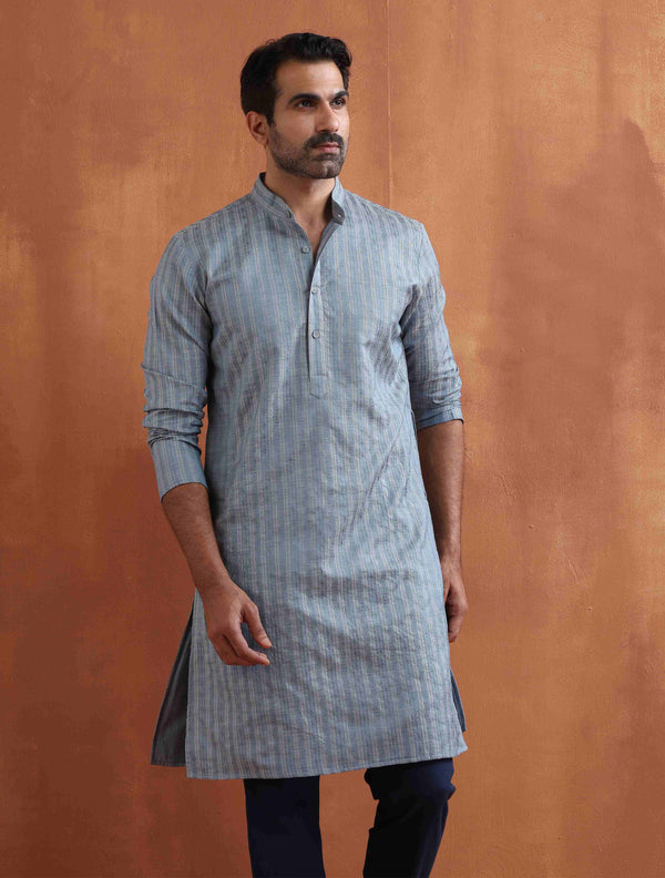 trueBrowns Men's Blue Chanderi Kurta